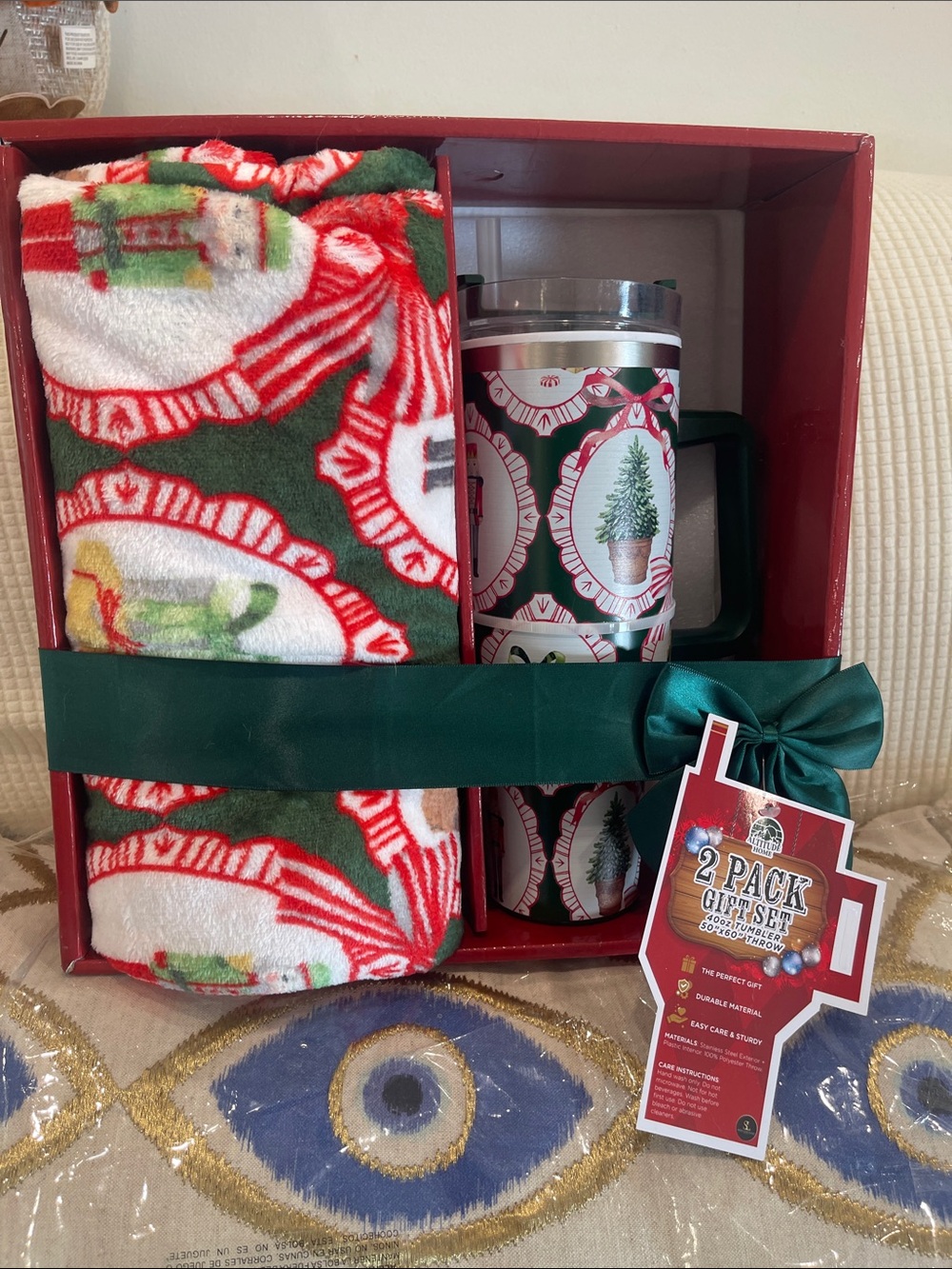 Holiday Green and Red Plaid Tree Travel Mug & Throw Gift Set